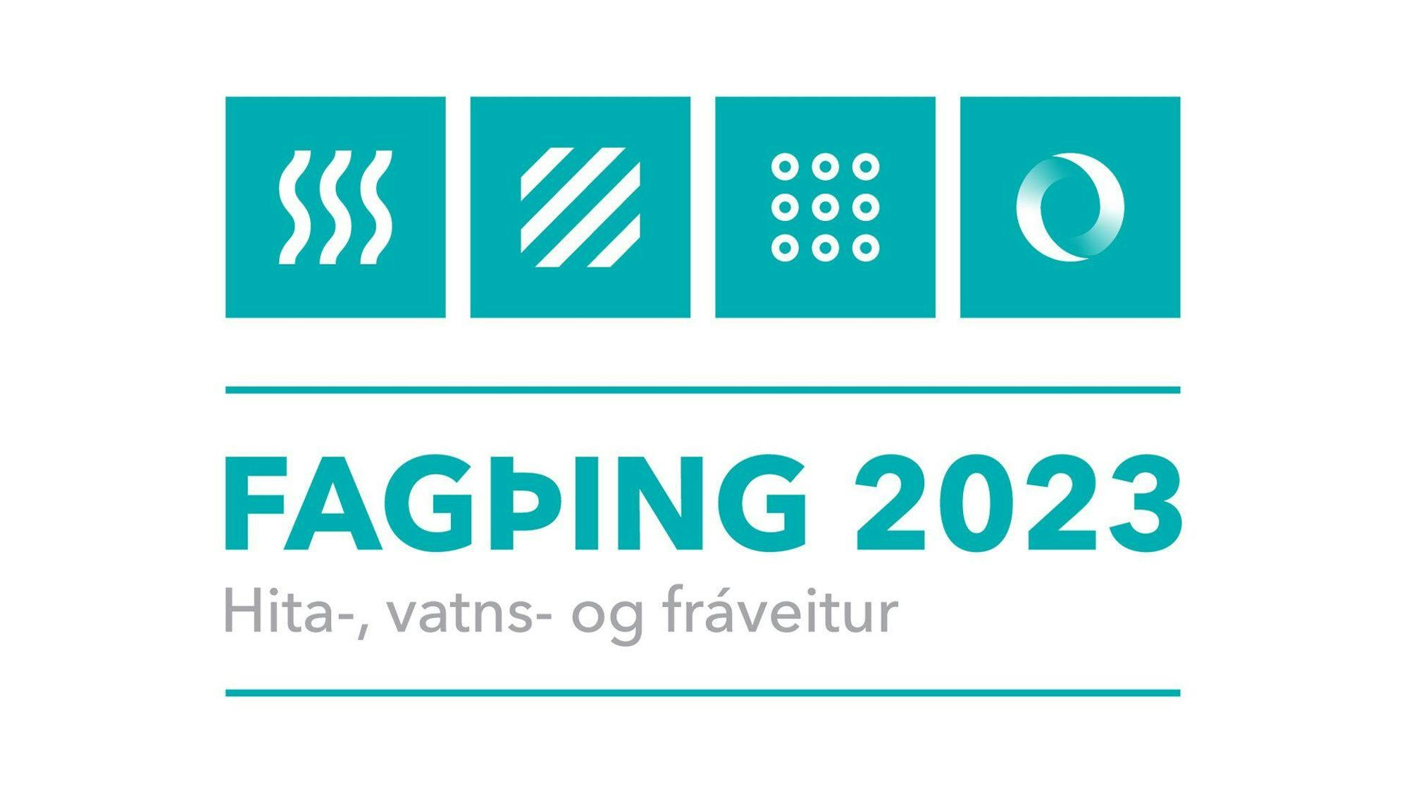 A logo with icon symbol in blue boxes with Icelandic texts 