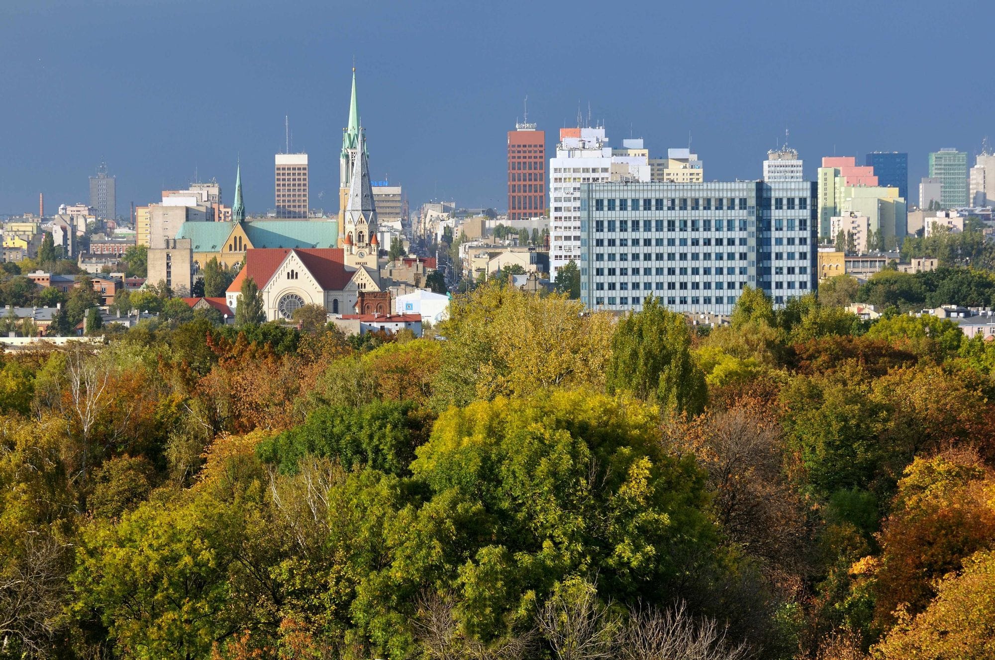 Yfirlitsmynd af Lodz í Póllandi, trjágróður í forgrunni