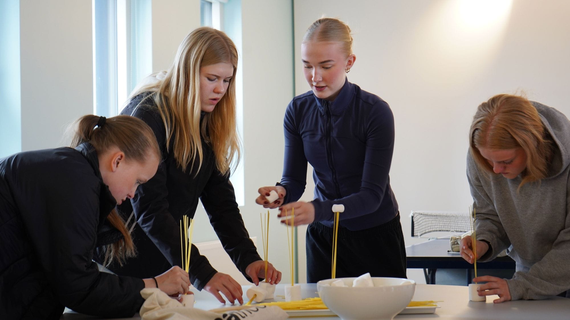 Stelpur gera tilraunir með sykurpúða og spaghetti.